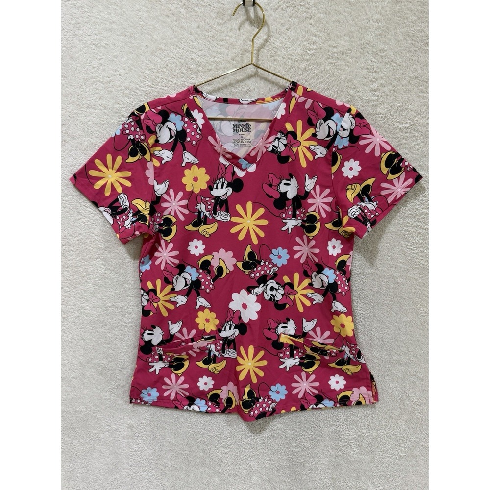 Disney Minnie Mouse Scrub Top Womens Small Pink V-Neck Pockets Nursing Medical